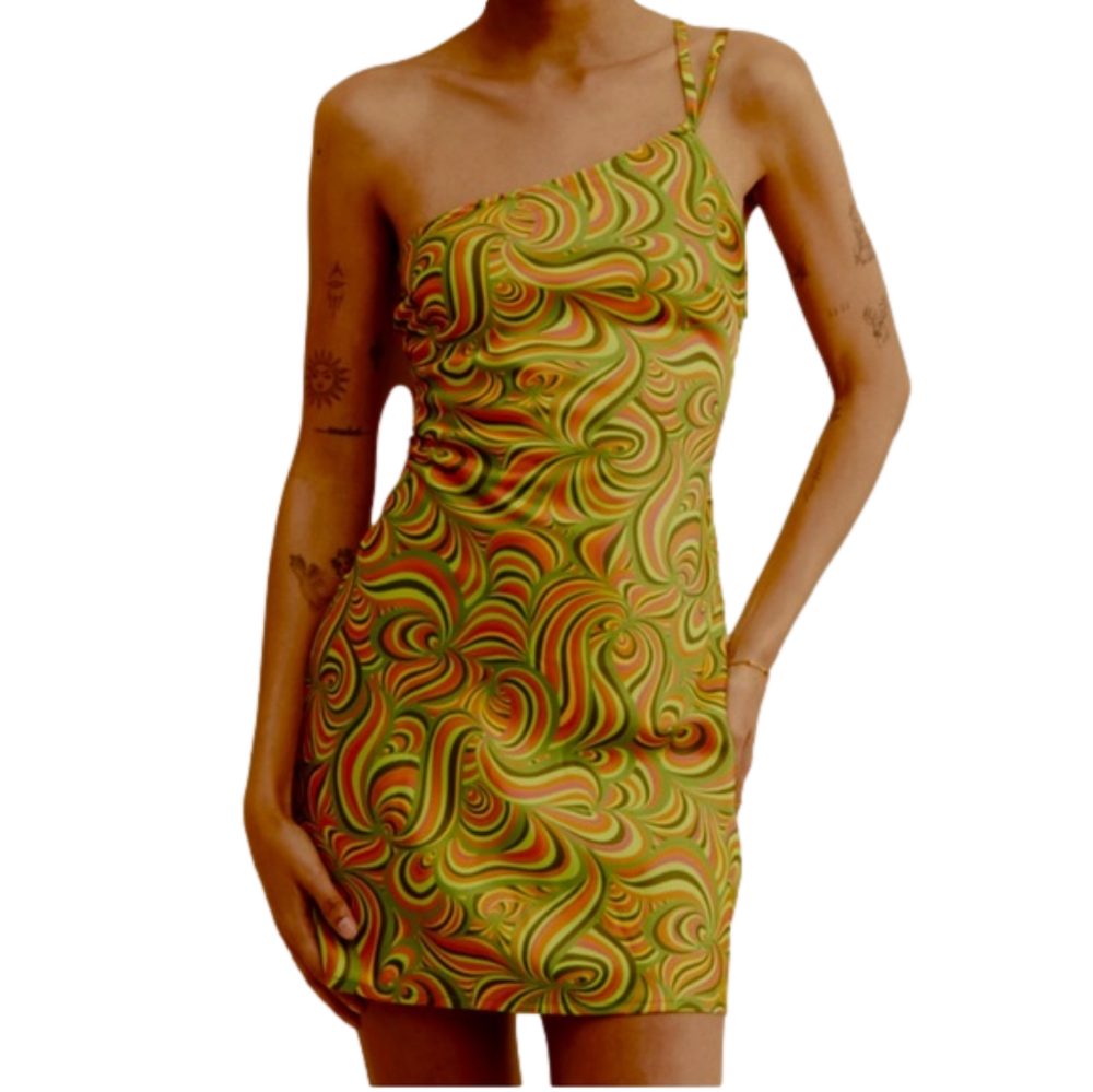 Another Girl Psychedelic One-Shoulder Dress Size US 6 Multi Green Orange…